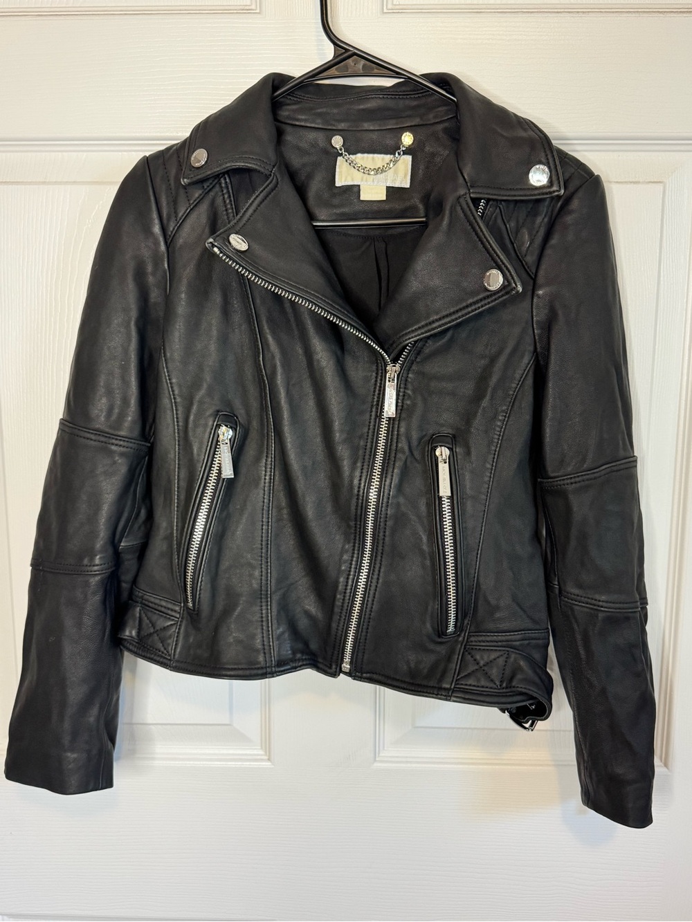 Michael Kors Black Leather Jacket with Silver Hardware